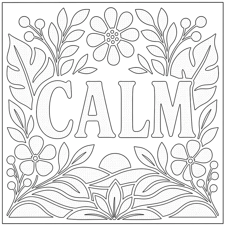 The word CALM as printed line art, with stippled areas marking where the shading falls