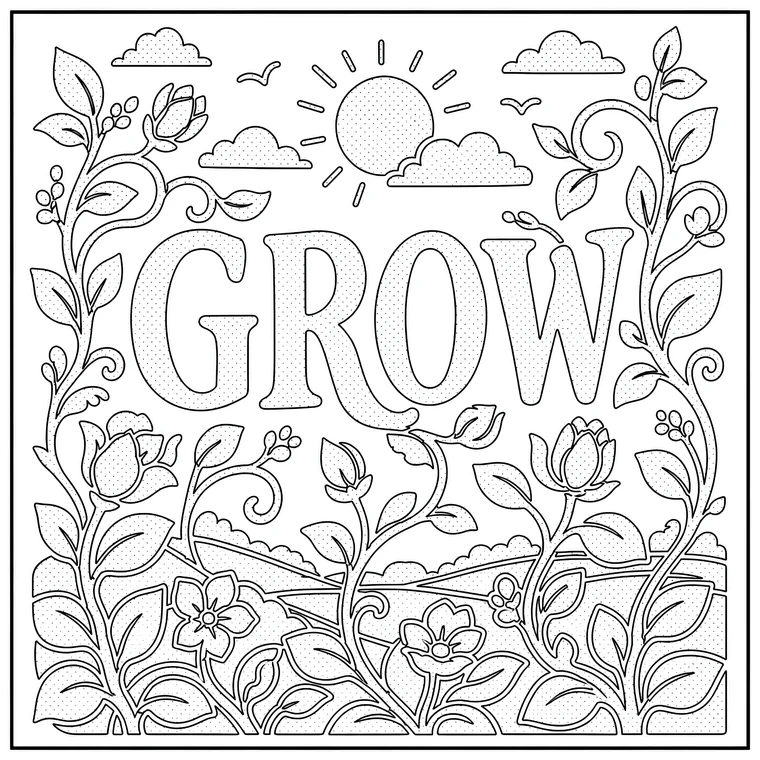 The word GROW as printed line art, with stippled areas marking where the shading falls