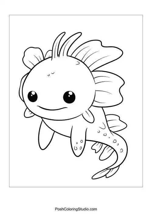 A playful axolotl swimming with a big smile.