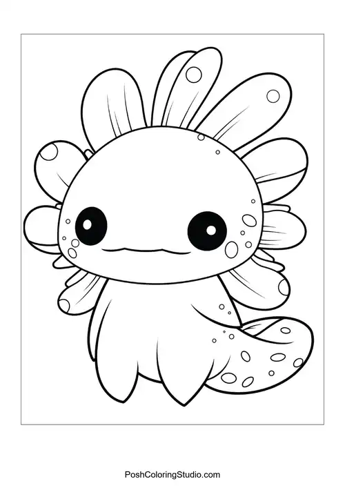 A smiling axolotl with a long tail and bubbles.