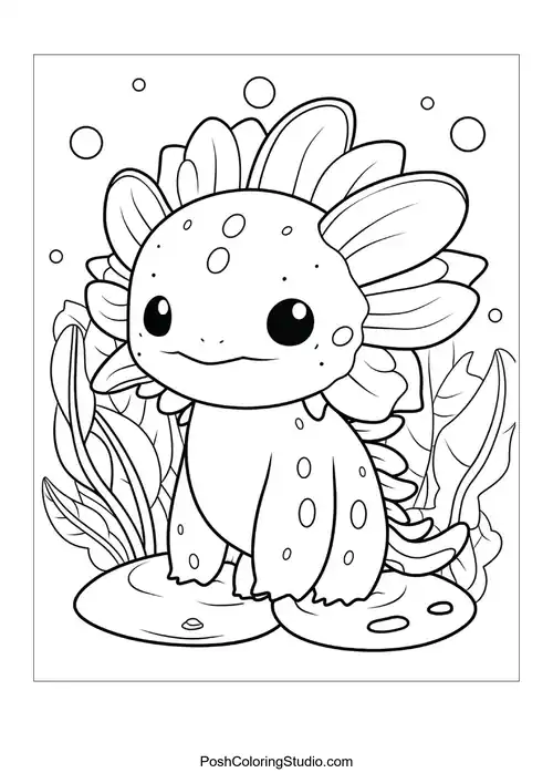 An axolotl swimming with a joyful smile and bubbles.