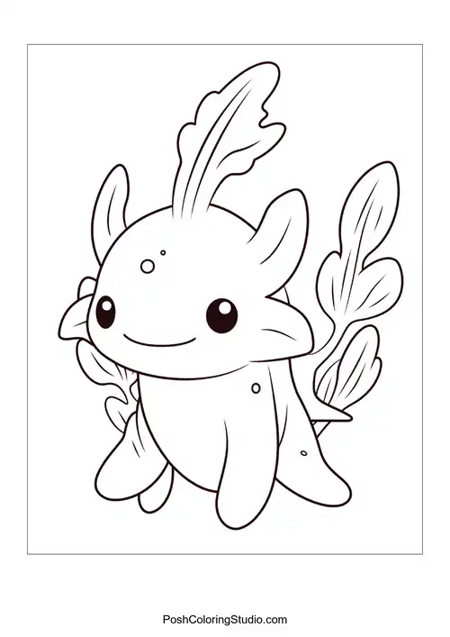 An axolotl with frilly gills and a cheerful expression.