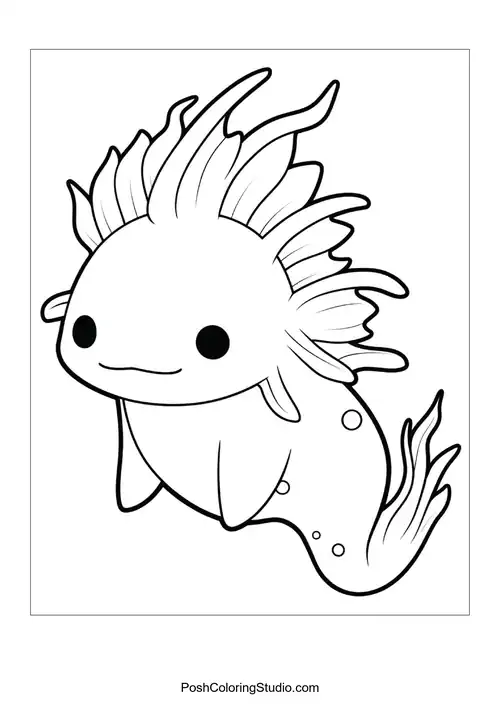 A smiling axolotl with a round body and fins.