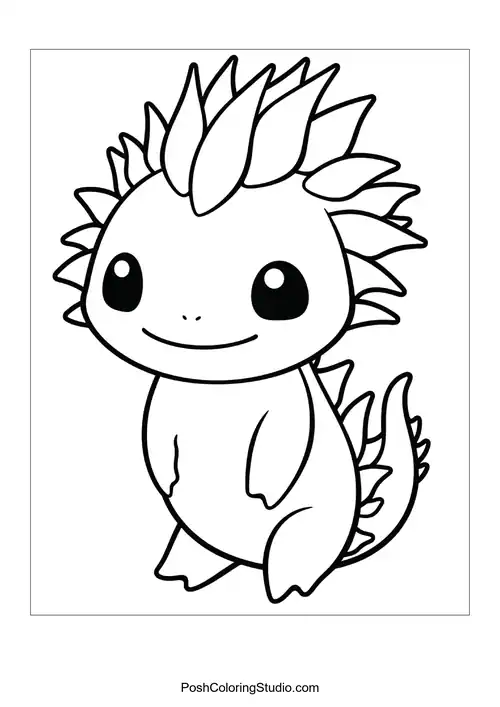 A happy axolotl with a rounded body and fins.