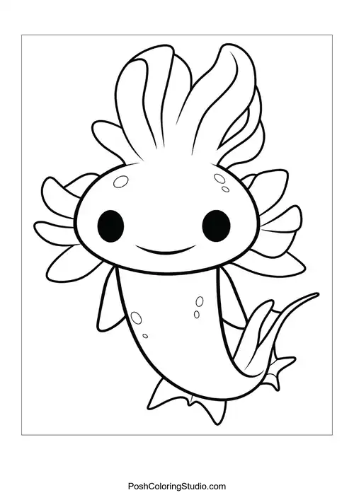 An axolotl swimming with a big smile and bubbles.