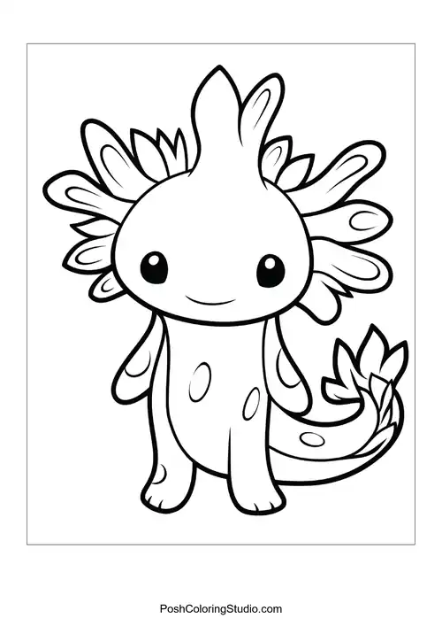A happy axolotl with a rounded body and fins.