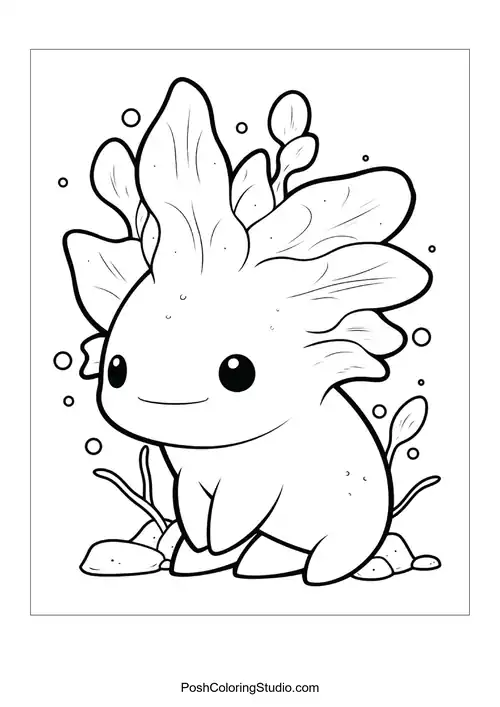 A cute axolotl with a rounded body and fins.