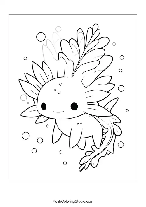 A smiling axolotl with a round body and fins.