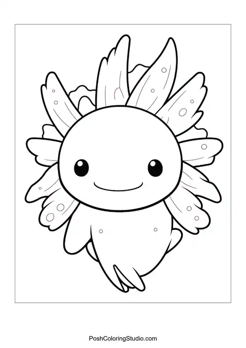 A happy axolotl with a rounded body and fins.