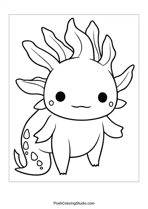 An axolotl with frilly gills and a joyful smile.