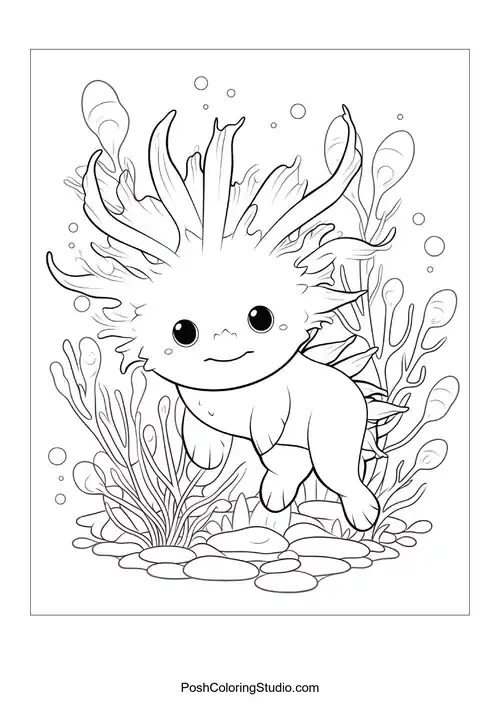 A cute axolotl with a rounded body and fins.