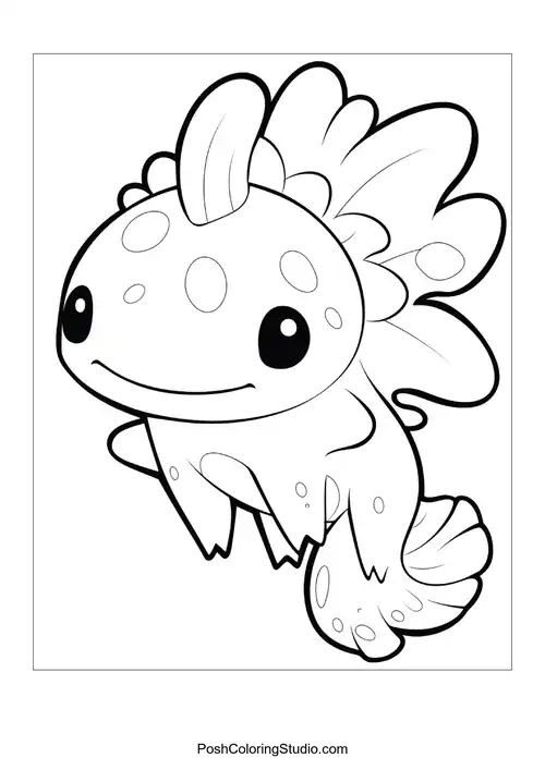 An axolotl swimming with a big smile and bubbles.