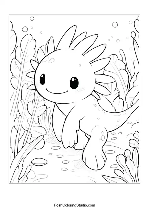 A happy axolotl with a rounded body and fins.