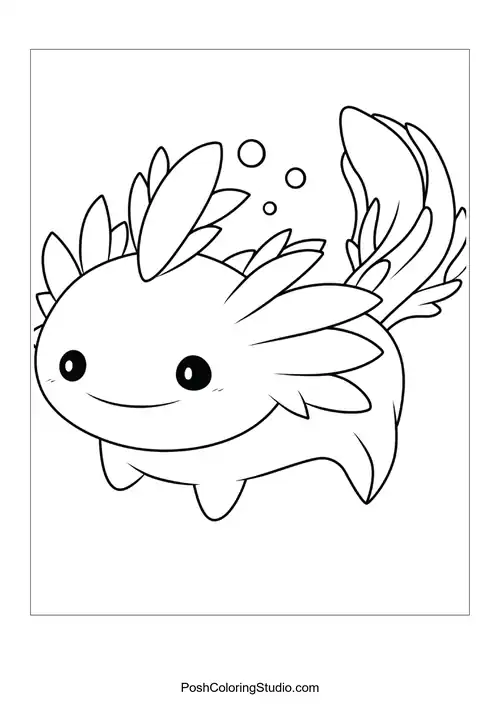 An axolotl with frilly gills and a joyful smile.
