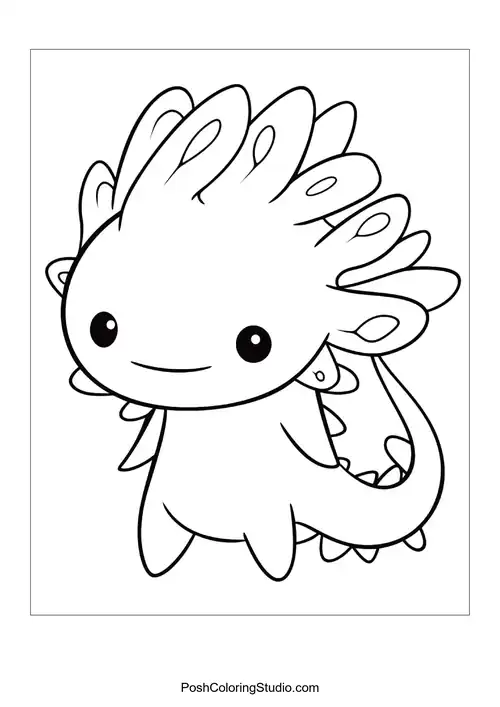 A smiling axolotl with a round body and fins.