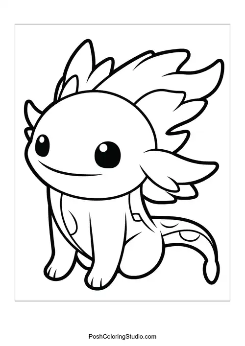 An axolotl with frilly gills and a joyful smile.
