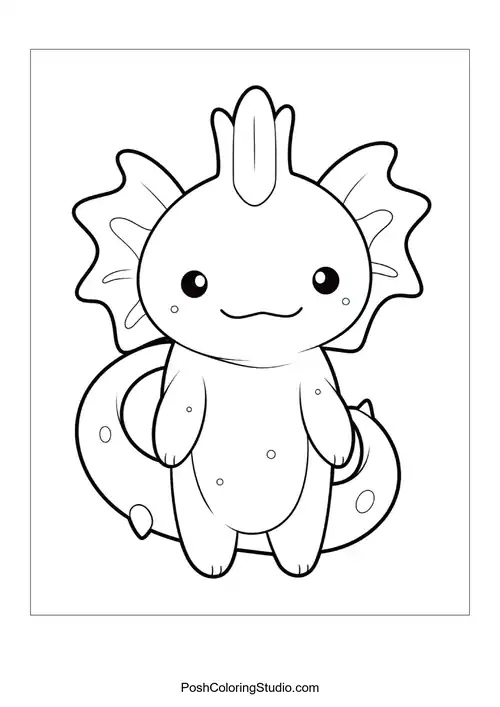 An axolotl sitting with a round body and smiling face.
