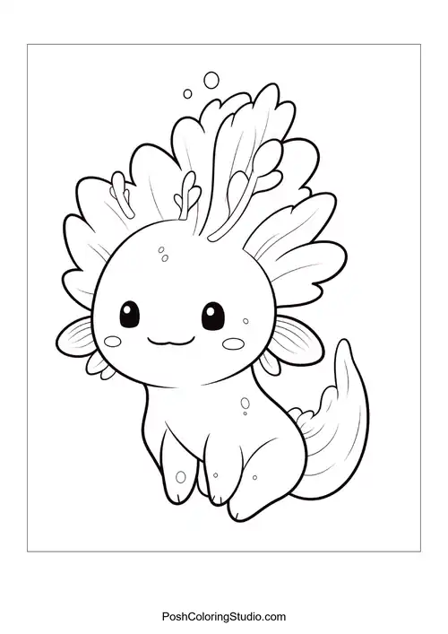 A cute axolotl with feathery gills and a smiling face.