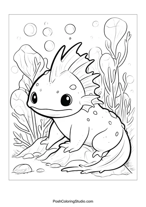 An axolotl surrounded by aquatic plants and bubbles.