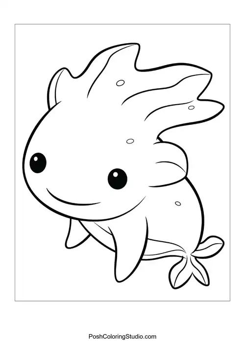 A smiling axolotl with a rounded body and playful demeanor.
