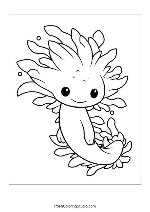 A slender axolotl with flowing gills and a playful pose.