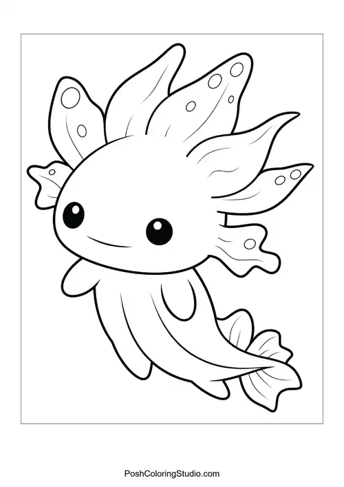 An axolotl with frilly gills and a cheerful smile.