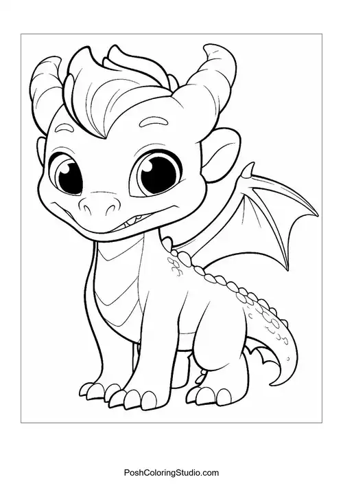 A baby dragon with a friendly grin and large eyes.