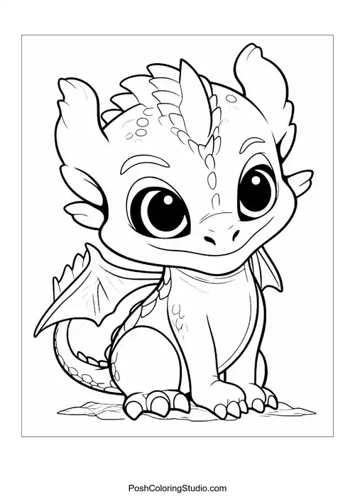 A baby dragon sitting with a joyful expression.