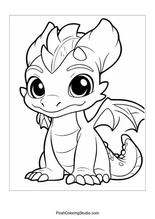 A baby dragon with a playful pose and big eyes.