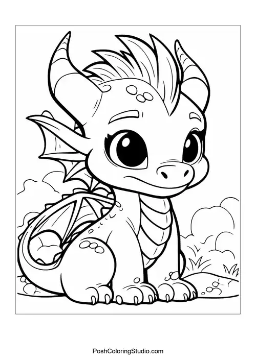 A baby dragon with a cheerful smile and pointed ears.