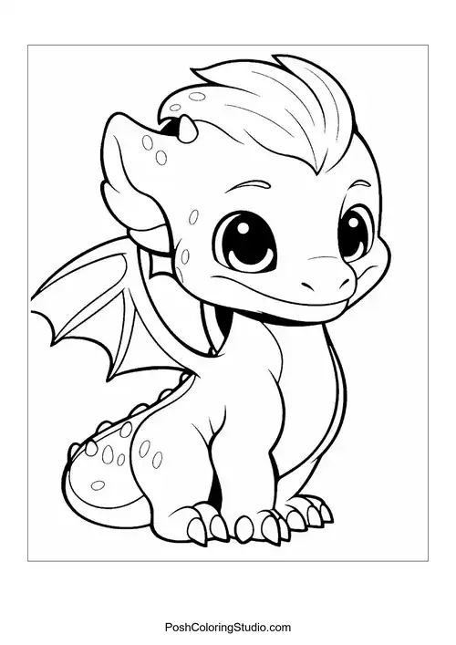 A baby dragon with a playful pose and a raised wing.