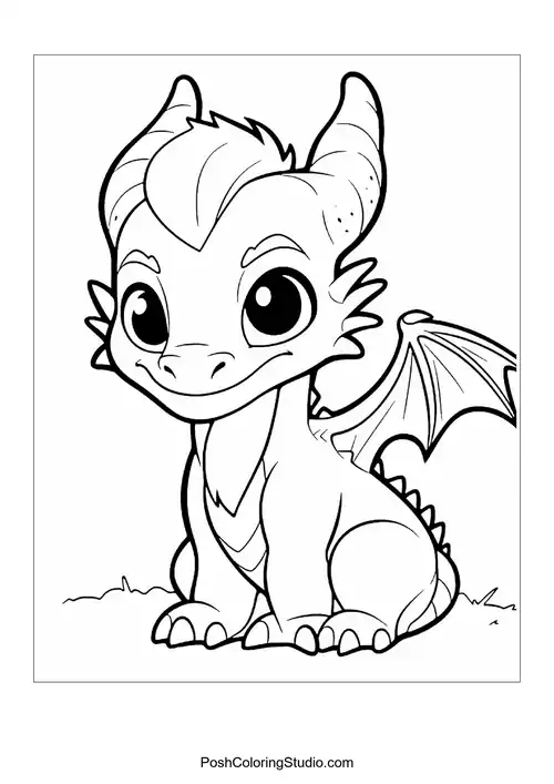 A baby dragon with a confident smile and pointed horns.