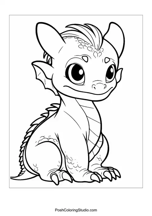 A baby dragon with a cheeky smile and small horns.