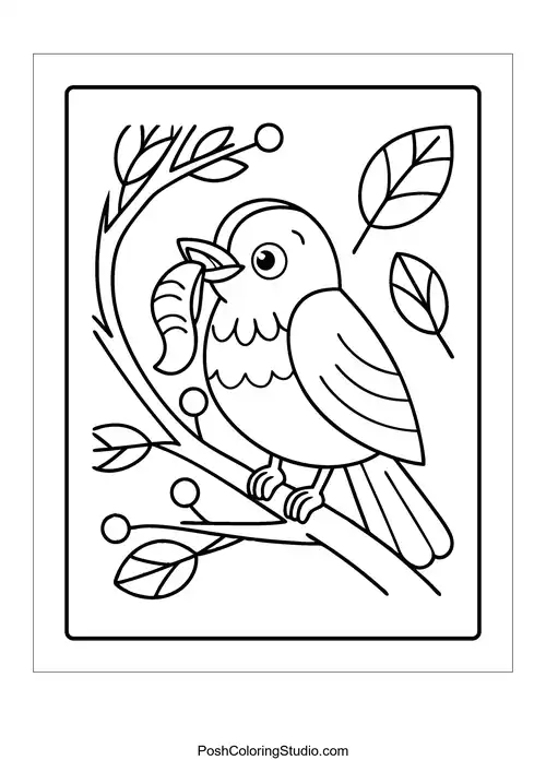 A bird holding a worm while perched on a branch.