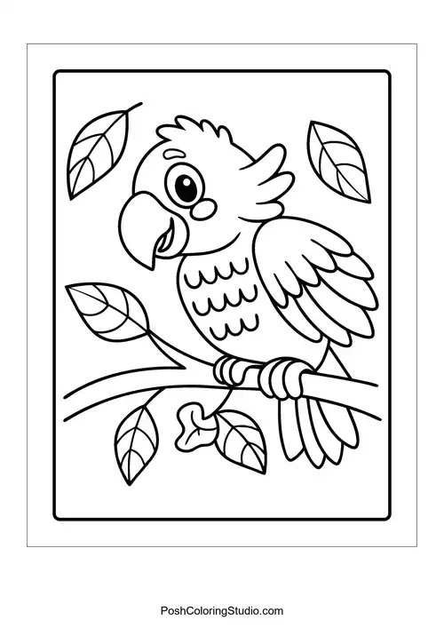 A parrot on a branch with a nut in its beak.