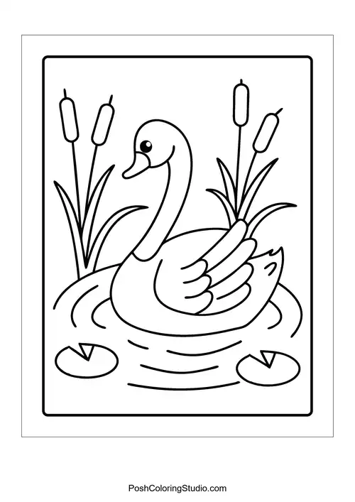 A duck swimming with reeds nearby.
