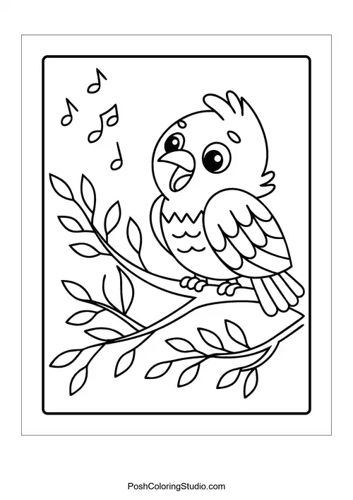 A bird perched on a flower with a cheerful expression.