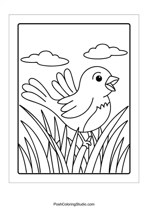 A singing bird perched on grass with clouds above.