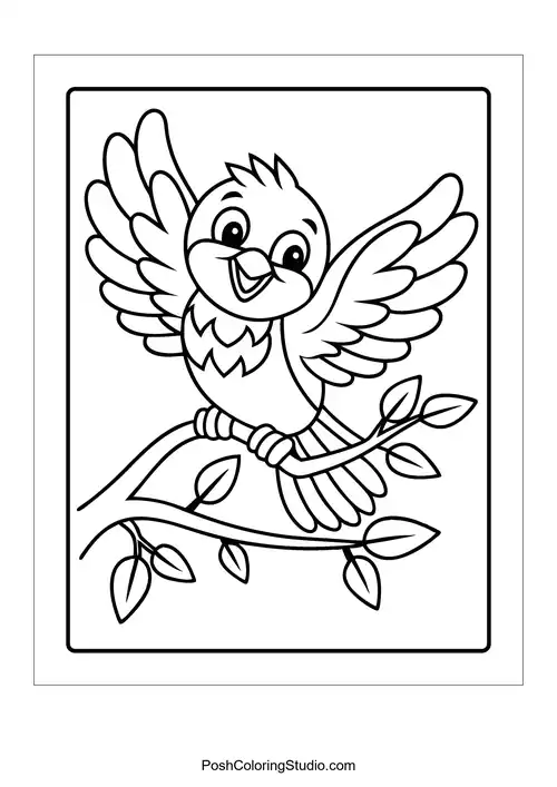 A cheerful bird perched on a branch with leaves.