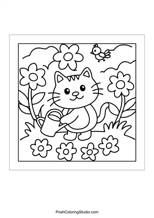 A cat watering flowers in a garden.
