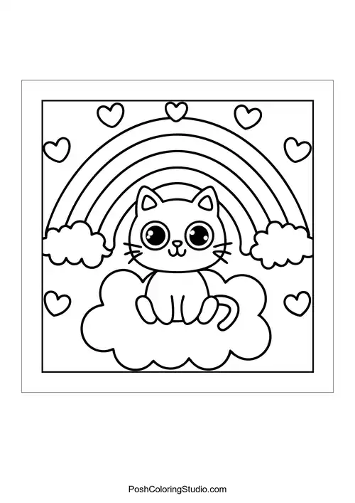 A cat sitting on a cloud with a rainbow.