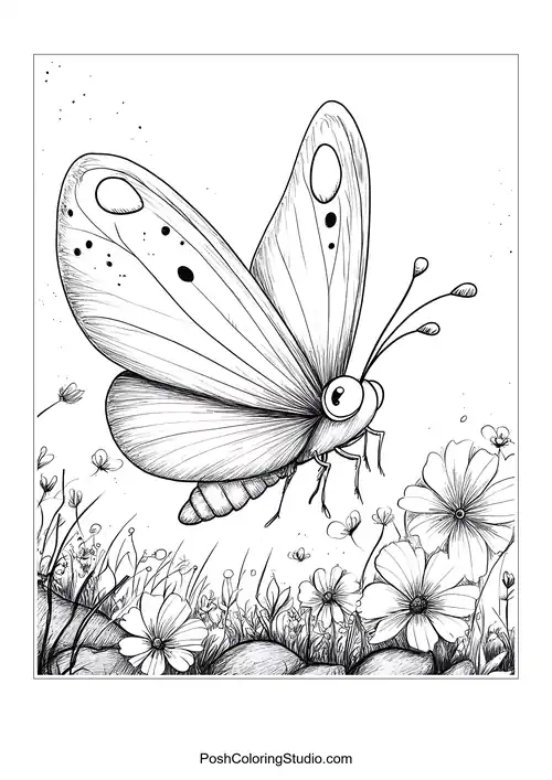 A large butterfly with detailed wings hovers over flowers.