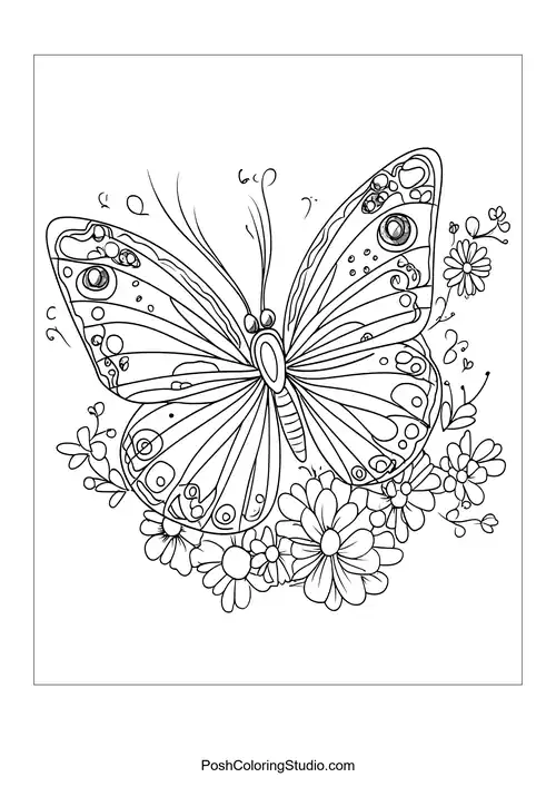 A butterfly with detailed wings and floral patterns.