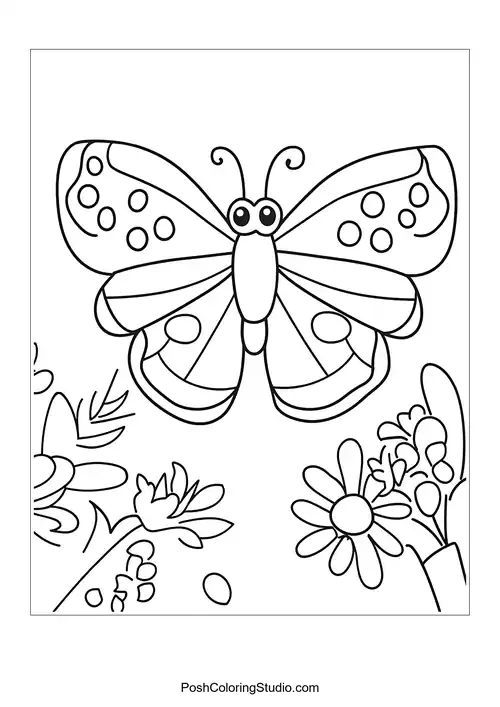 A butterfly with decorative wings and flowers nearby.