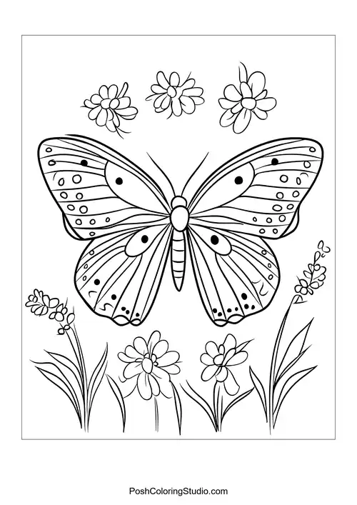 A butterfly with decorative wings and flowers around it.