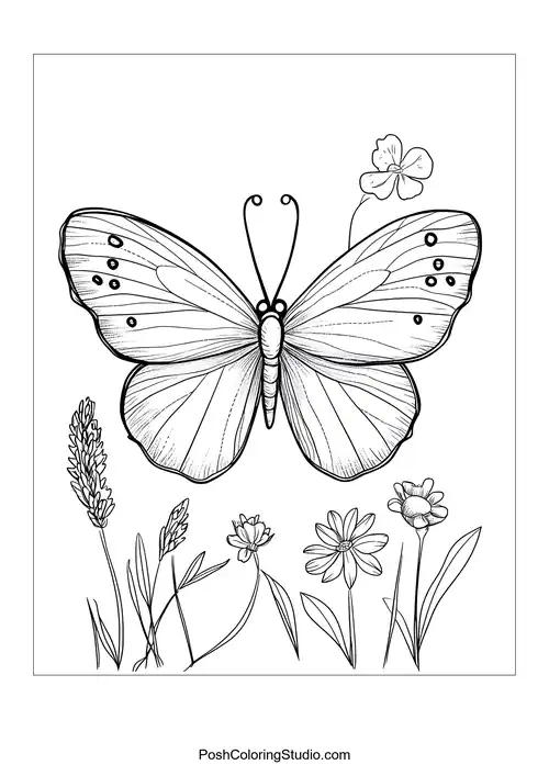 A butterfly with decorative wings and flowers around it.