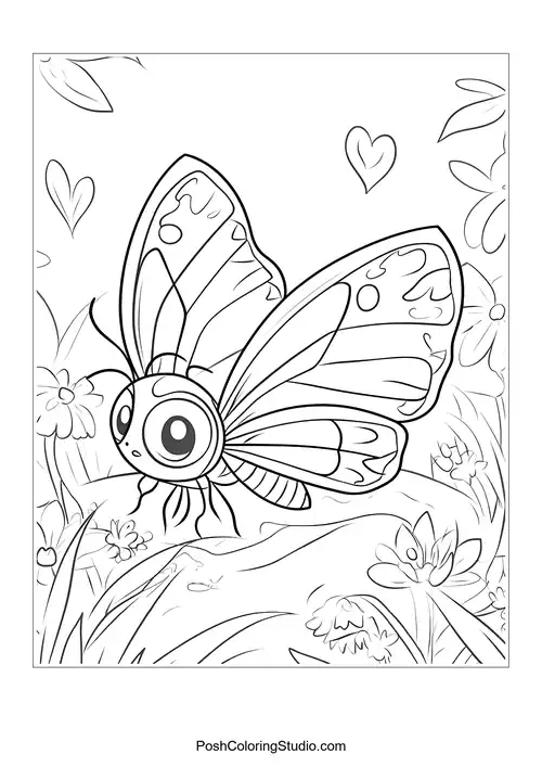 A butterfly with large wings and flowers nearby.