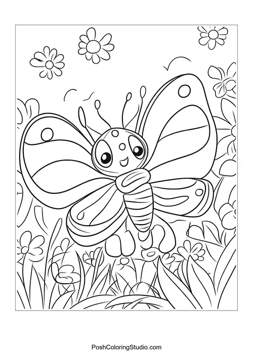 A cute butterfly with large wings and smiling face.