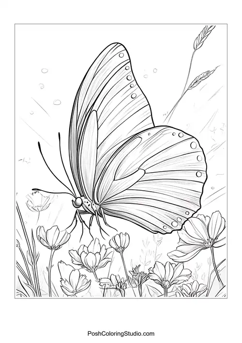 A butterfly resting on flowers with a graceful pose.
