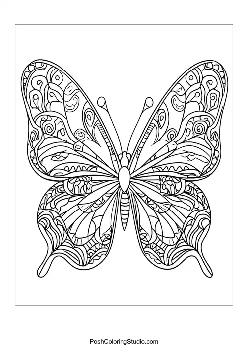 A butterfly with floral patterns and hearts around it.